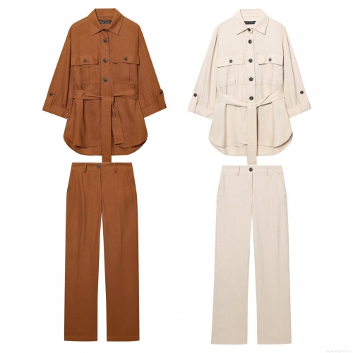 Women's Two Piece Set Cotton Linen Blend Long Sleeve Belted Cargo Shirt and Straight Leg Pants Suit Casual Streetwear Workwear Elegant Outfit for Women
