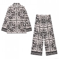Women's 2 Piece Outfits Floral Geometric Print Long Sleeve Button Down Shirt and Wide Leg Pants Set Casual Streetwear Suits For Spring Summer