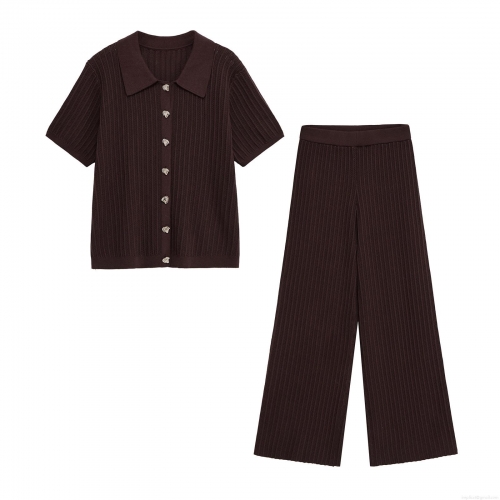 Women's Summer Knit Two Piece Set Short Sleeve Polo Neck Button Down Cardigan And High Waist Wide Leg Long Pants Ribbed Solid Color Casual Chic Streetwear