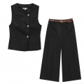 Women's 2-Piece Set Casual Cotton Linen Texture Sleeveless Vest Top And Wide Leg Pants With Belt Summer European Style Streetwear Outfit