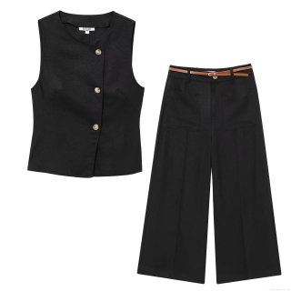 Women's 2-Piece Set Casual Cotton Linen Texture Sleeveless Vest Top And Wide Leg Pants With Belt Summer European Style Streetwear Outfit