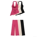 Women 2 Piece Outfits Crinkle Polyester Halter Neck Asymmetric Top And High Waist Wide Leg Pants Set Summer Streetwear Vacation Casual Wear