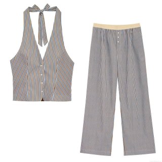 Women's Two Piece Striped Set Halter Sleeveless Backless Top and High Waist Wide Leg Pants Casual Summer Streetwear Outfit