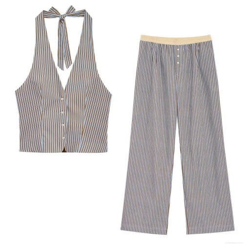 Women's Two Piece Striped Set Halter Sleeveless Backless Top and High Waist Wide Leg Pants Casual Summer Streetwear Outfit