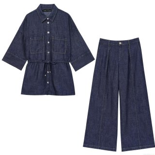 Women's Denim Shirt And Wide Leg Pants Two-Piece Set Polyester Denim Waist Drawstring Streetwear Casual Daily Outfit Ladies High Waist Clothing