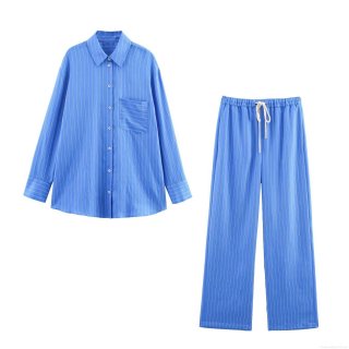 Women's Casual Two Piece Outfits Striped Long Sleeve Button Down Shirt And Wide Leg Pants Set European Style Oversized Streetwear Satin Lounge Set