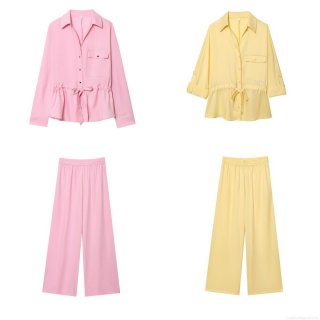 Women's Casual Solid Color Two Piece Set Lapel Long Sleeve Tie Waist Shirt and High Waist Wide Leg Pants Chiffon Texture Outfit Streetwear Vacation Two Piece Suit