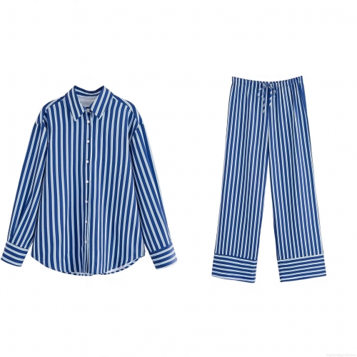 Women's Fashion Blue White Stripe Two Piece Set Loose Long Sleeve Button Down Shirt And Wide Leg Drawstring Pants Casual Streetwear Summer Outfit