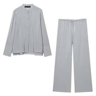 Women's Two Piece Set Satin Long Sleeve Shirt And Wide Leg Drawstring Pants Casual Drape Outfits European Style Solid Color Streetwear Sets