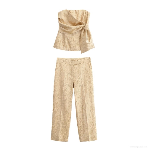 Women's Sexy Two Piece Outfits Strapless Knot Front Pleated Bandeau Top And High Waist Straight Leg Pants Textured Polyester Summer Party Streetwear