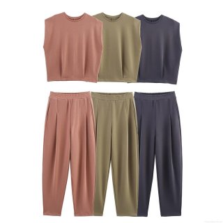 Women's 2 Piece Summer Casual Sleeveless Shoulder Pad T-Shirt and High Waist Pants Set Streetwear Solid Color Polyester Loungewear Outfit