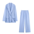 Women's Casual Notch Lapel Long Sleeve Blazer And Wide Leg Pants Two Piece Set Polyester Linen Texture European Streetwear Office Lady Suit For Autumn
