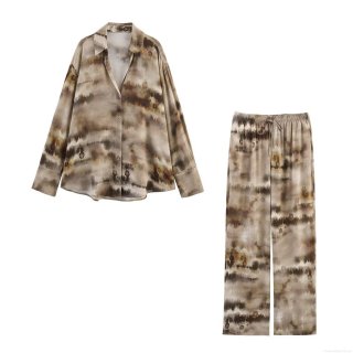 Women Two Piece Set Tie Dye Print Long Sleeve Button Down Shirt And High Waist Wide Leg Pants Polyester Blend Earthy Tone Casual Streetwear Loose Outfits