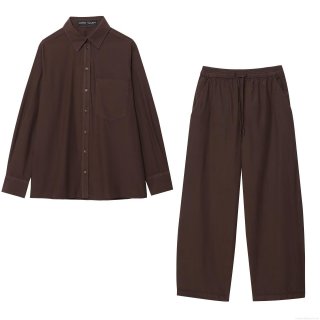 Women's Casual Solid Color Long Sleeve Shirt And Wide Leg Pants Set Polyester European Streetwear Two Piece Outfits For Daily Street Women Lounge Wear