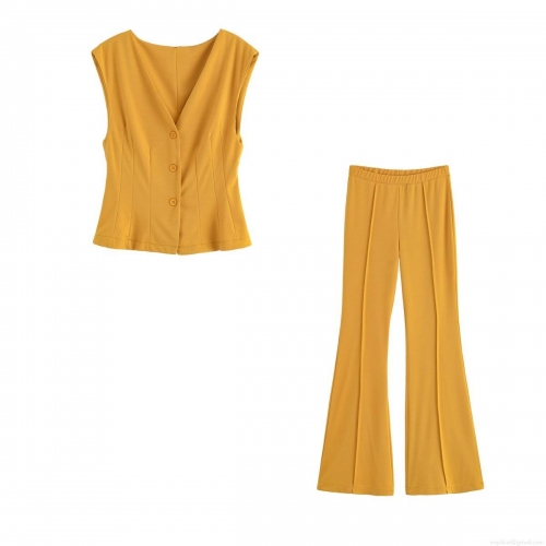 Women's 2 Piece Summer Set V Neck Sleeveless Button Down Vest Waistcoat and High Waist Flare Pants Solid Color Polyester Casual Streetwear Outfits