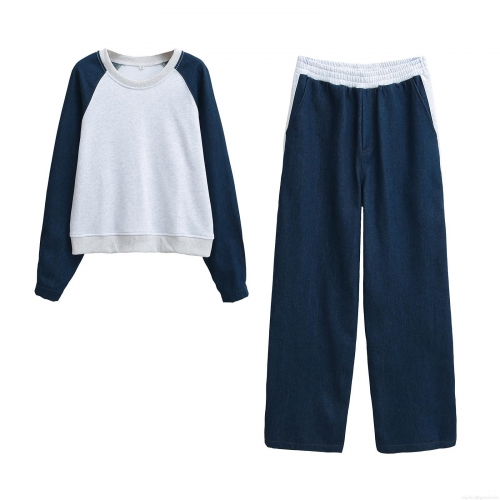 Women's Casual Autumn Two-Piece Set Denim Patchwork Long Sleeve Pullover Sweatshirt And Elastic Waist Wide Leg Pants Streetwear Outfits