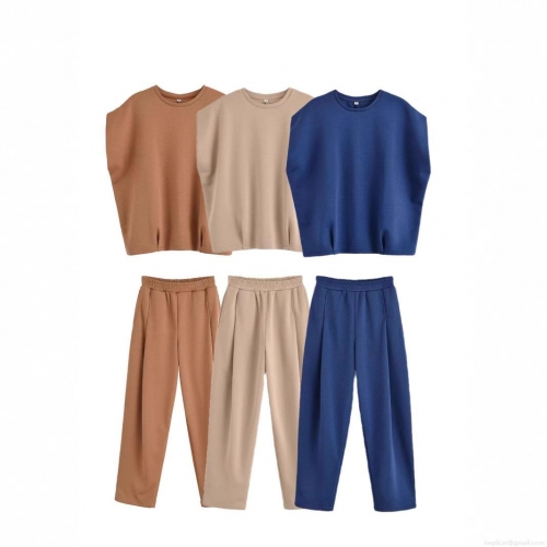 Women's Casual Sleeveless Round Neck T-Shirt And High Waist Straight Leg Pants Set Solid Color Polyester Streetwear Two Piece Outfits For Ladies