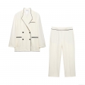 Elegant Women's Two Piece Suit Set Contrast Piping Double Breasted Blazer and Straight Leg Pants Office Commute Professional Outfit Polyester Streetwear