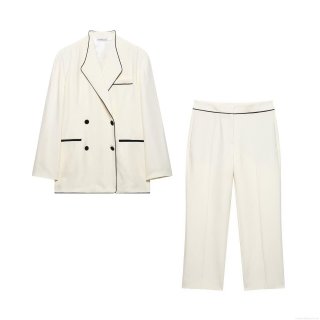 Elegant Women's Two Piece Suit Set Contrast Piping Double Breasted Blazer and Straight Leg Pants Office Commute Professional Outfit Polyester Streetwear