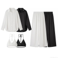 Women's 3 Piece Satin Outfits Set Long Sleeve Shirt Halter Camisole and Wide Leg Pants Summer Casual Streetwear Elegant Solid Color Clothing