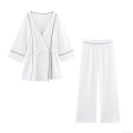Women's Summer Casual Two Piece Set Polyester Solid White Contrast Piping Long Sleeve Tie Waist Jacket And Wide Leg Pants Streetwear Outfits For Women