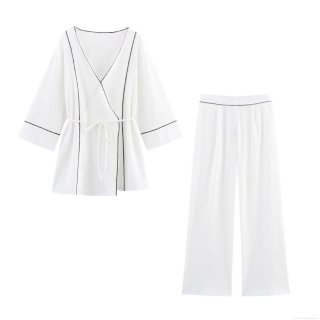 Women's Summer Casual Two Piece Set Polyester Solid White Contrast Piping Long Sleeve Tie Waist Jacket And Wide Leg Pants Streetwear Outfits For Women