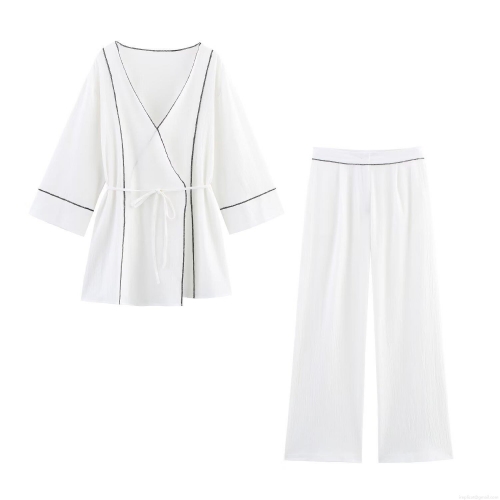 Women's Summer Casual Two Piece Set Polyester Solid White Contrast Piping Long Sleeve Tie Waist Jacket And Wide Leg Pants Streetwear Outfits For Women