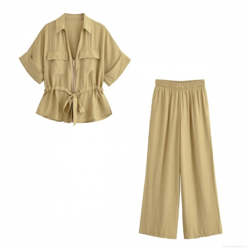 Women's Two Piece Set Casual Short Sleeve Zipper Shirt And High Waist Wide Leg Pants Polyester Linen Texture Summer Streetwear Outfits For Women