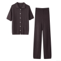 Women's 2-Piece Knit Set Hollow Out Short Sleeve Button Up Cardigan Shirt and Straight Leg Pants Set Solid Color Vintage Knitted Streetwear Loungewear Outfit