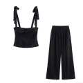 Women's Two Piece Set Cotton Blend Bow Shoulder Strap Crop Top And High Waist Wide Leg Pants Embroidered Eyelet Summer Casual Outfit For Party