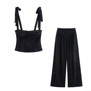Women's Two Piece Set Cotton Blend Bow Shoulder Strap Crop Top And High Waist Wide Leg Pants Embroidered Eyelet Summer Casual Outfit For Party