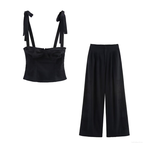 Women's Two Piece Set Cotton Blend Bow Shoulder Strap Crop Top And High Waist Wide Leg Pants Embroidered Eyelet Summer Casual Outfit For Party