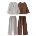 Women's Casual Two-Piece Set V-Neck Single Button Long Sleeve Top and Wide Leg Pants Loose Polyester Solid Color Streetwear Outfits for Ladies Lounge Set