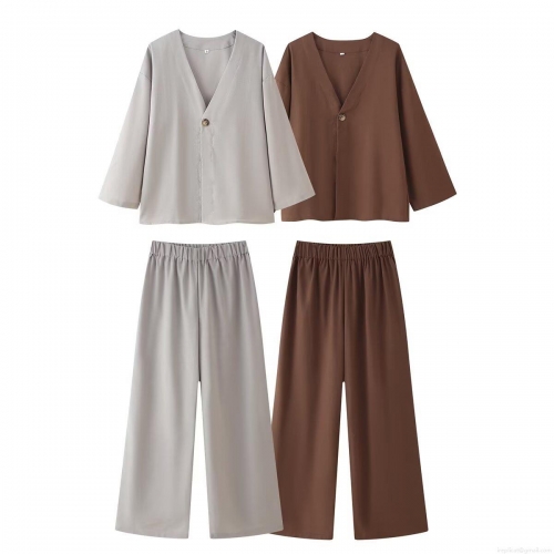 Women's Casual Two-Piece Set V-Neck Single Button Long Sleeve Top and Wide Leg Pants Loose Polyester Solid Color Streetwear Outfits for Ladies Lounge Set