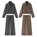 Women's Casual Two Piece Set Solid Color Stand Collar Zipper Jacket and High Waist Wide Leg Pants Tracksuit Loungewear Outfit Streetwear