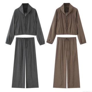 Women's Casual Two Piece Set Solid Color Stand Collar Zipper Jacket and High Waist Wide Leg Pants Tracksuit Loungewear Outfit Streetwear