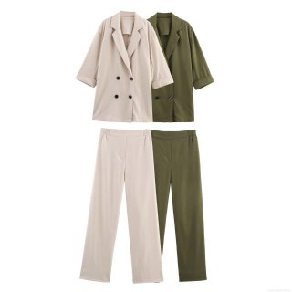 Women's 2-Piece Suit Set Double-Breasted Linen Texture Blazer And High Waist Straight Leg Pants Casual Streetwear Outfit For Autumn