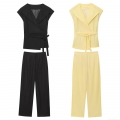 Women Casual Sleeveless Lapel Vest Top And Wide Leg Pants Two Piece Set Polyester Linen Blend Tie Waist Streetwear Summer Suit For Ladies Summer Vacation Outfit Elegant Solid Color High Waist Trouser Set