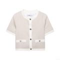 Women's 2-Piece Casual Set Short Sleeve Crop Blazer Top And High Waist Wide Leg Trousers Minimalist Oat Beige Linen Texture Outfits With Contrast Trim