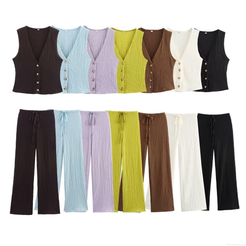Women's 2-Piece Outfit Set V-Neck Button Down Vest And Drawstring Wide Leg Pants Summer Casual Seersucker Textured Sleeveless Suit For Women