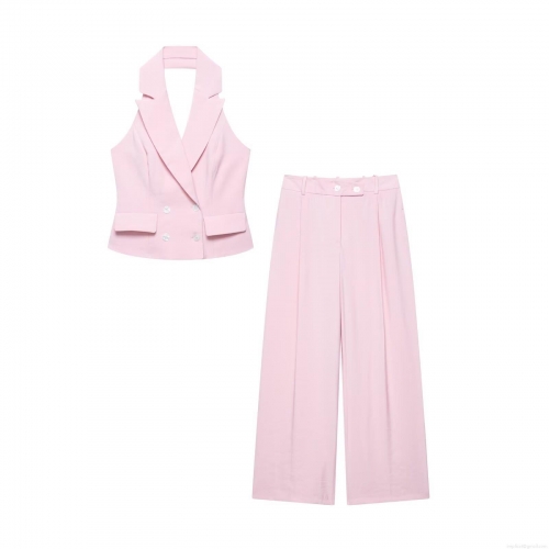 Women's 2 Piece Outfits 100% Polyester Halter Neck Double Breasted Top And High Waist Wide Leg Pants Casual Office Streetwear Summer Set