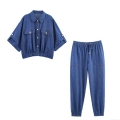 Women's Two Piece Denim Set Short Sleeve Lapel Jacket With Metal Buttons And High Waist Drawstring Jogger Pants Streetwear Casual Outfits