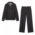 Women's Two Piece Denim Set Long Sleeve Button Up Shirt High Waist Wide Leg Jeans Dark Grey Casual Streetwear Outfits For Women
