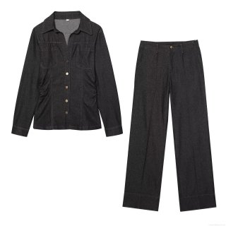 Women's Two Piece Denim Set Long Sleeve Button Up Shirt High Waist Wide Leg Jeans Dark Grey Casual Streetwear Outfits For Women