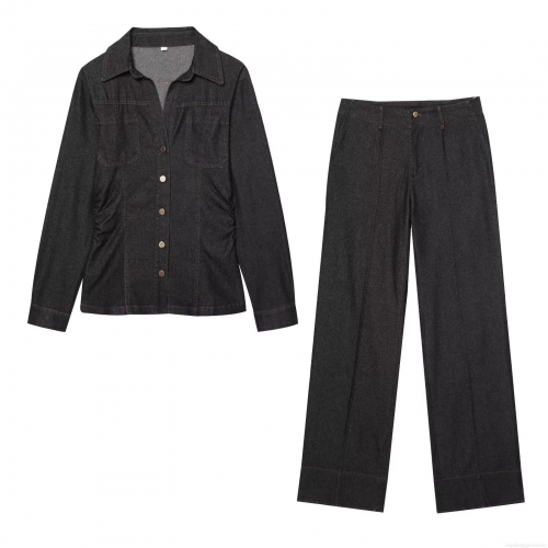 Women's Two Piece Denim Set Long Sleeve Button Up Shirt High Waist Wide Leg Jeans Dark Grey Casual Streetwear Outfits For Women