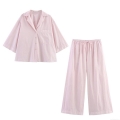 Women Summer Short Sleeve Shirt And Wide Leg Pants Two Piece Set Casual Loose Polyester Co-ords Pink Streetwear Outfit For Vacation