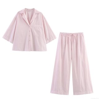 Women Summer Short Sleeve Shirt And Wide Leg Pants Two Piece Set Casual Loose Polyester Co-ords Pink Streetwear Outfit For Vacation