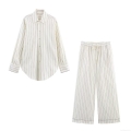 Women's Casual Striped Two Piece Set Polyester Long Sleeve Button Down Shirt And Drawstring Wide Leg Pants Suits Breathable Streetwear Loungewear For Women