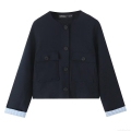 Women's Two Piece Pants Set Round Neck Short Jacket And Straight Leg Trousers Cotton Linen Texture Button Front Pocket Casual Office Suit For Women