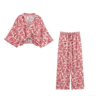 Women's Vintage Printed Knot Shirt and Wide Leg Pants Two Piece Set Polyester Floral Vacation Outfits Long Sleeve Top and Trousers With Wood Beads